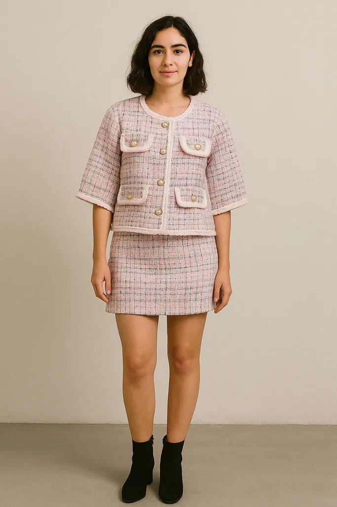 Contrasting Binding Pearl Button Crop Short Sleeve Top - Image 1