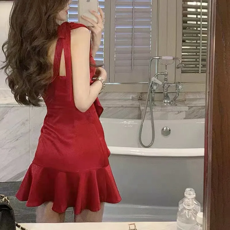 Red Solid Ruffle Detail Mini Dress - NEWME