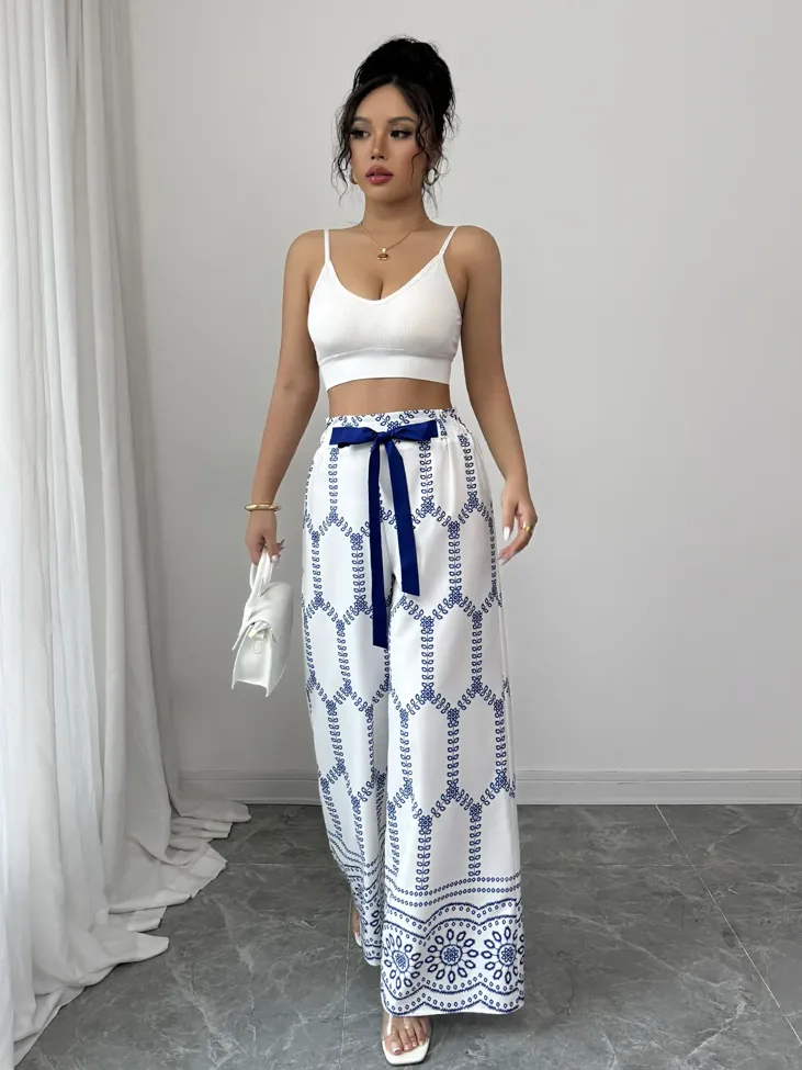 White Geometric Print High Rise Pants - Image 1