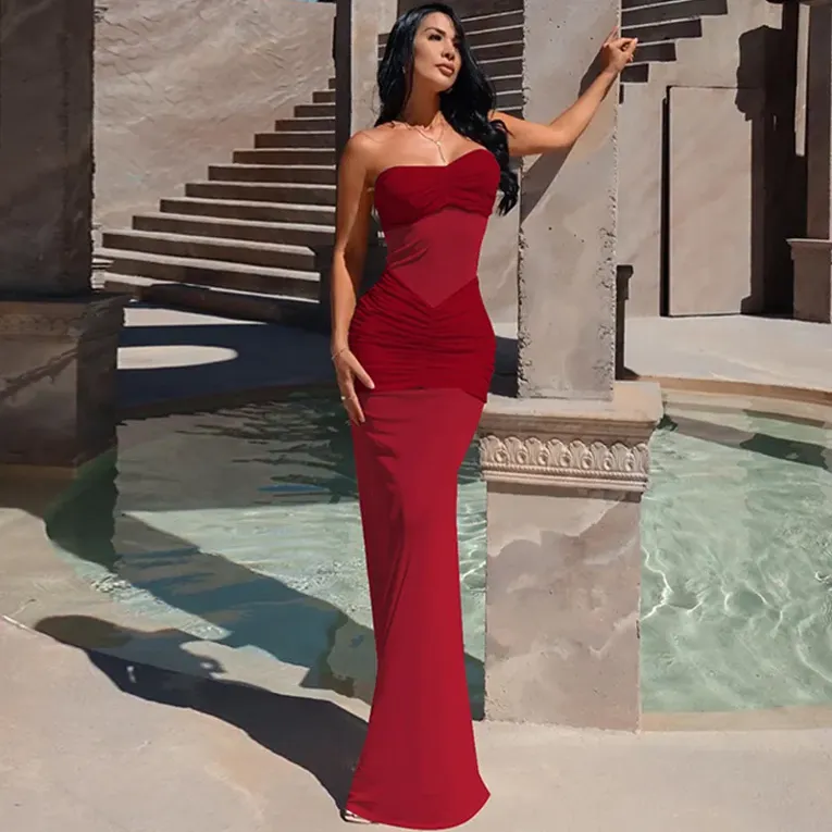 Red Solid Tube Neck Semisheer Dress - Image 1