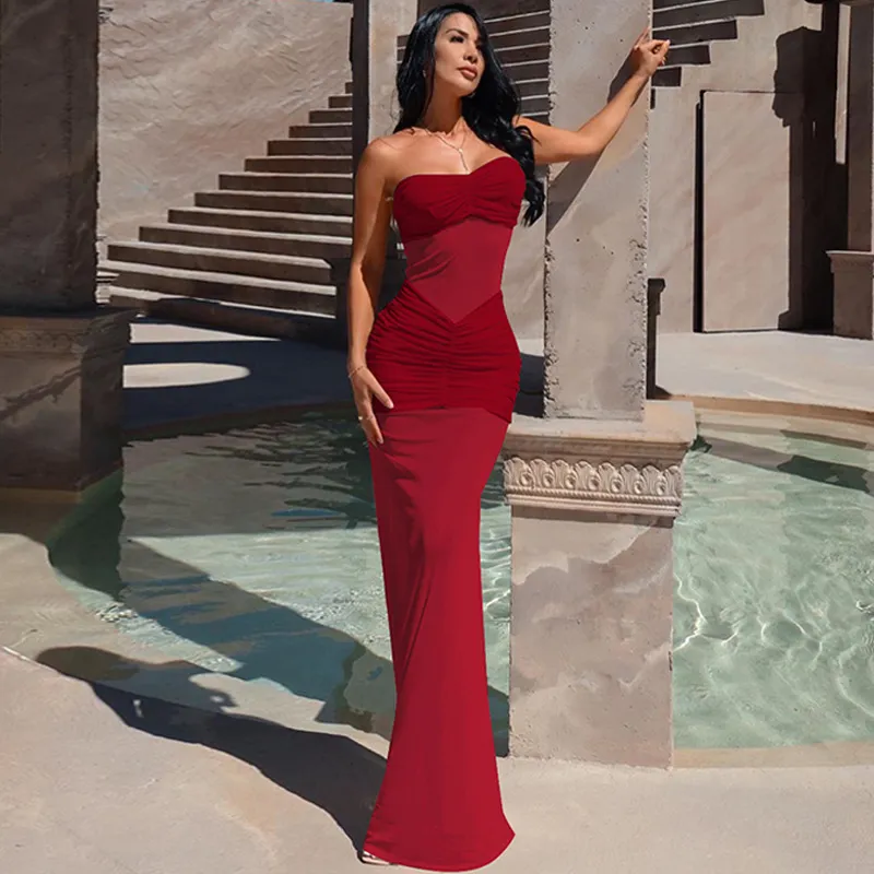 Red Solid Tube Neck Semisheer Dress