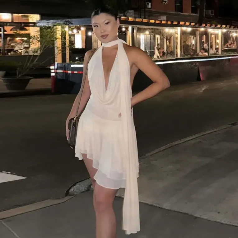 Off White Plunge Neck Draped Mini Dress - Image 1