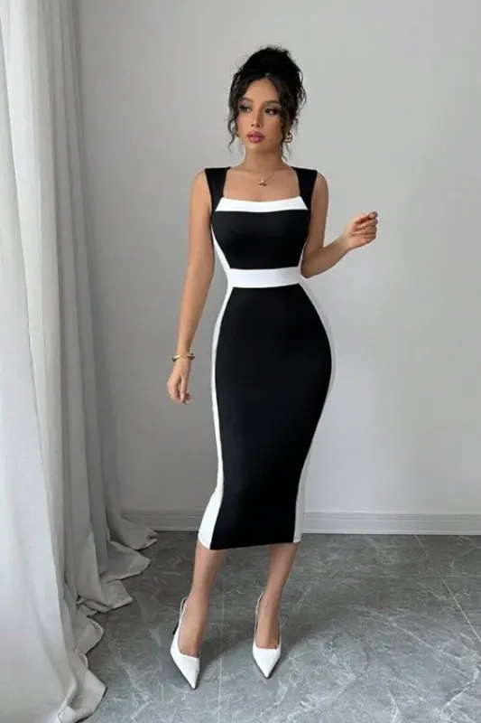 neume様♡専用ページ Colourblocked Black Bodycon Midi Dress - NEWME