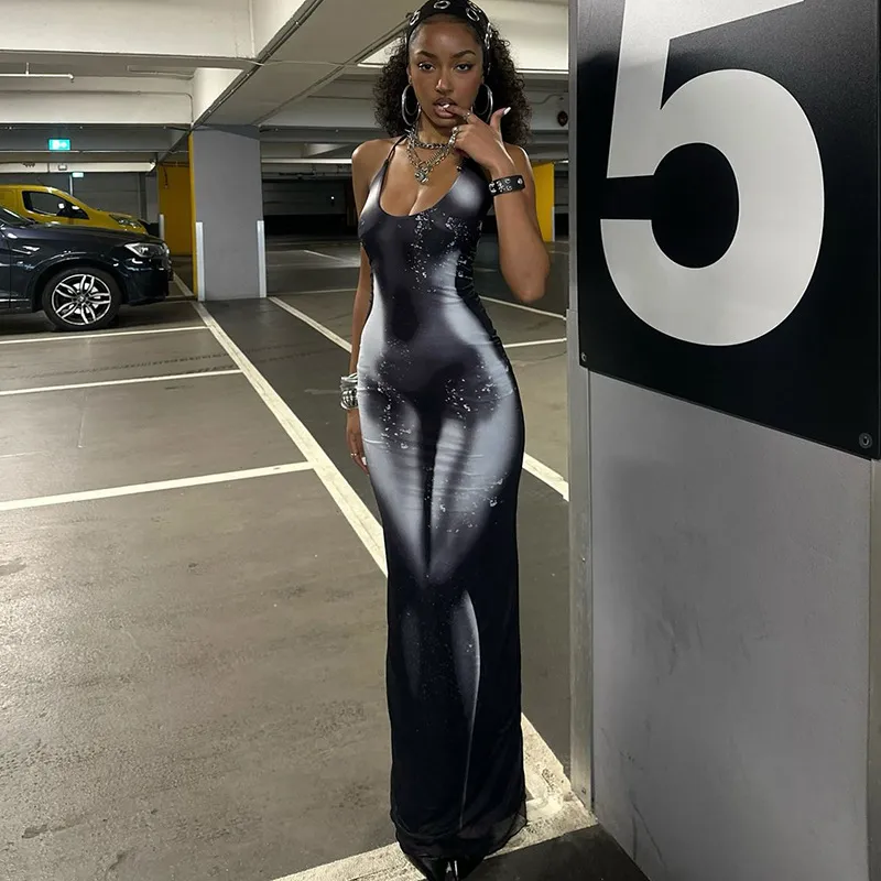 Black Abstract Backless Mermaid Dress - Image 1