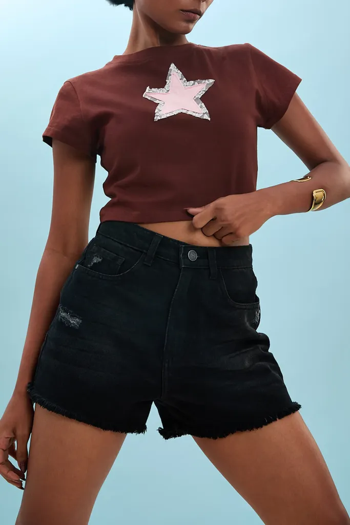 Black Mid Rise Denim Shorts - Image 1