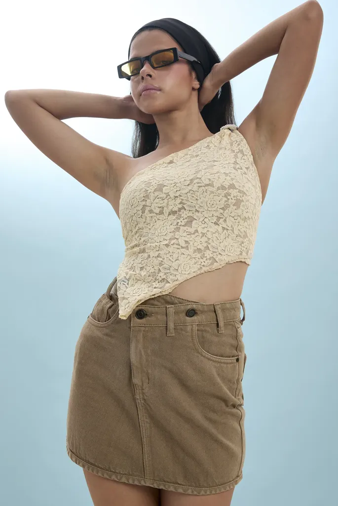 Brown Solid Denim Mini Skirt - Image 1