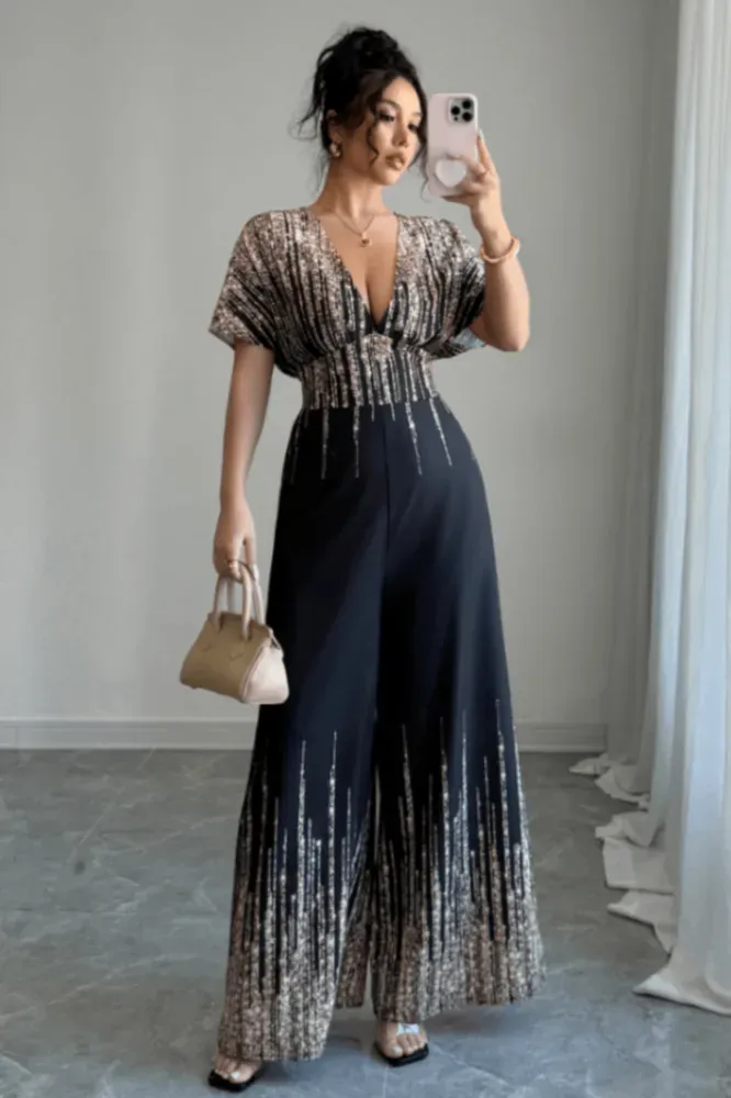 Black Fitted Plunge Neck Jumpsuit - Image 1