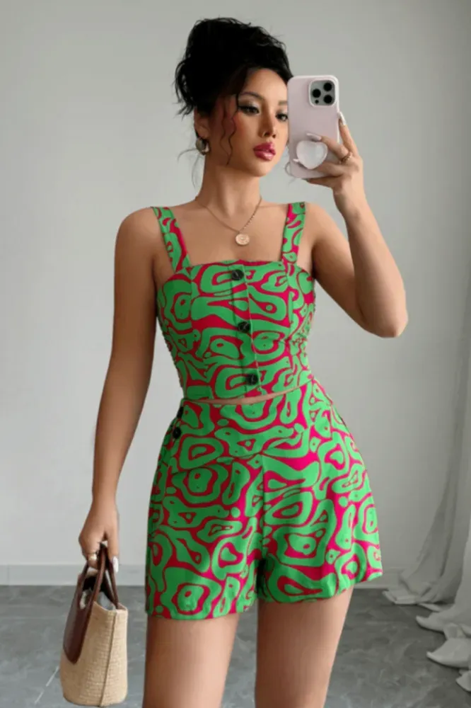 Abstract Green Squareneck Coord Set - Image 1