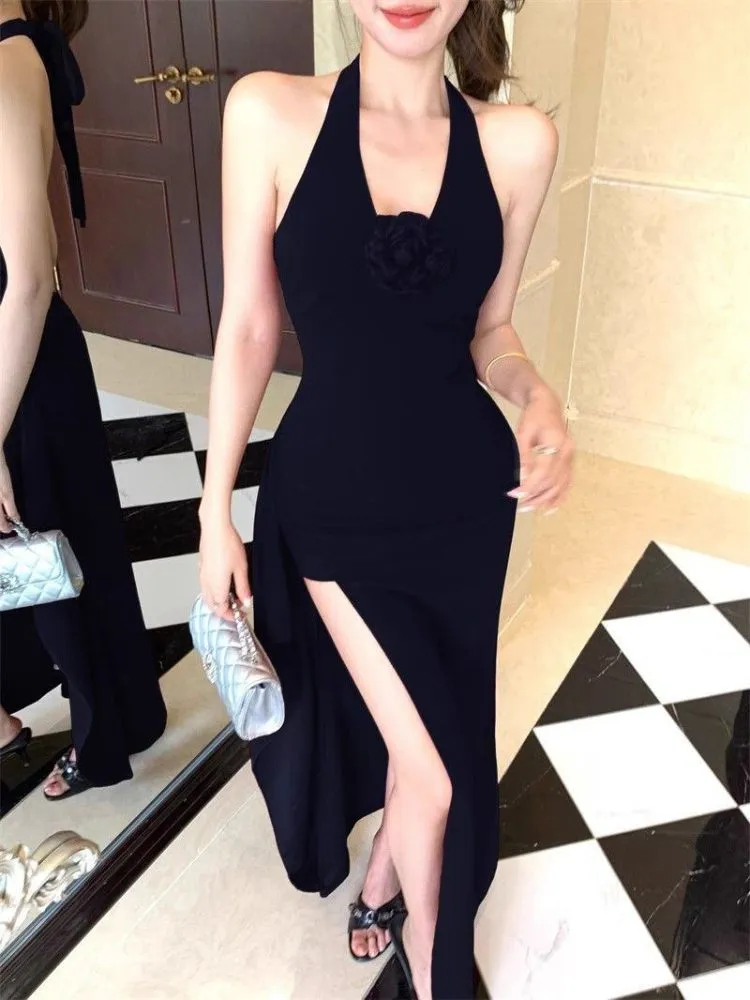 Black Solid Halter Neck Maxi Dress