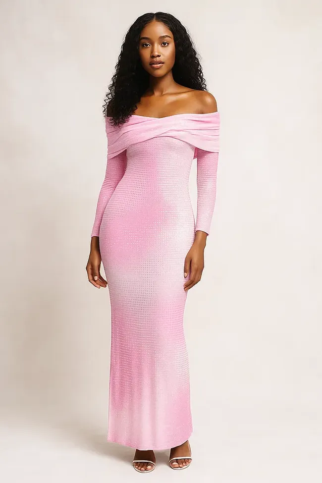 Pink Off The Shoulder Long Flowy Dress Light Pink Sequins Off