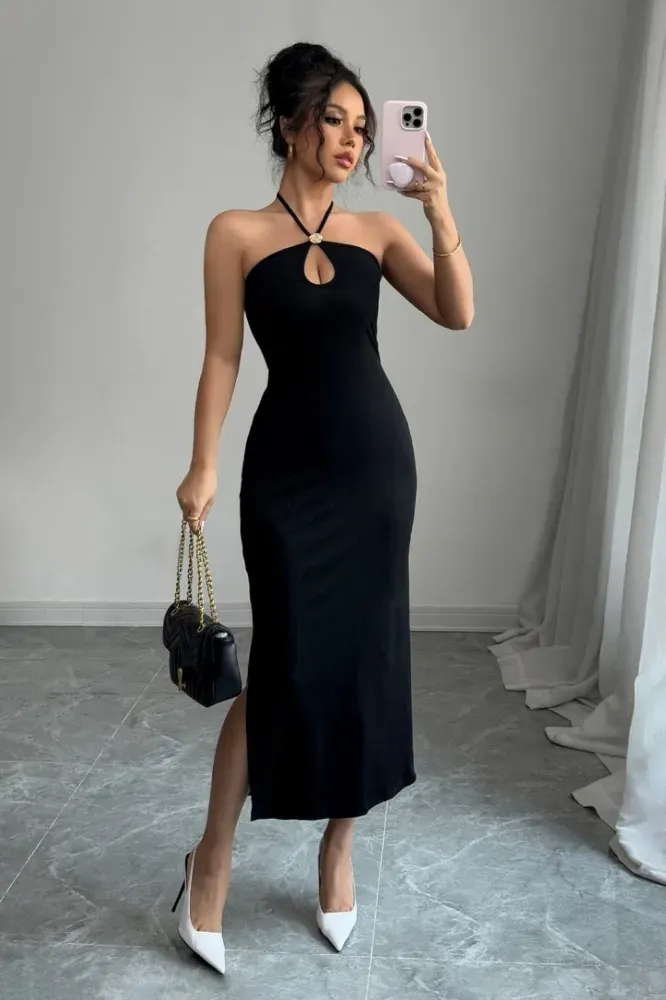 Black Halter Keyhole Midi Dress