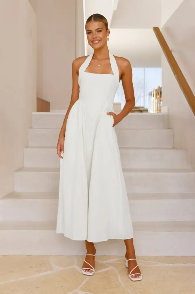 White Halter Neck Aline Maxi Dress - Image 1