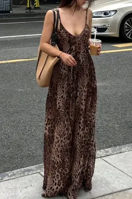 Brown Leopard Print Maxi Slip Dress - NEWME