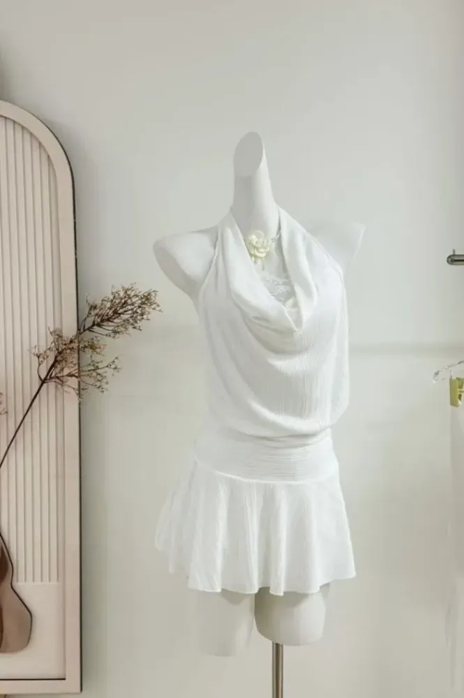 White Draped Halter Neck Mini Dress - Image 1