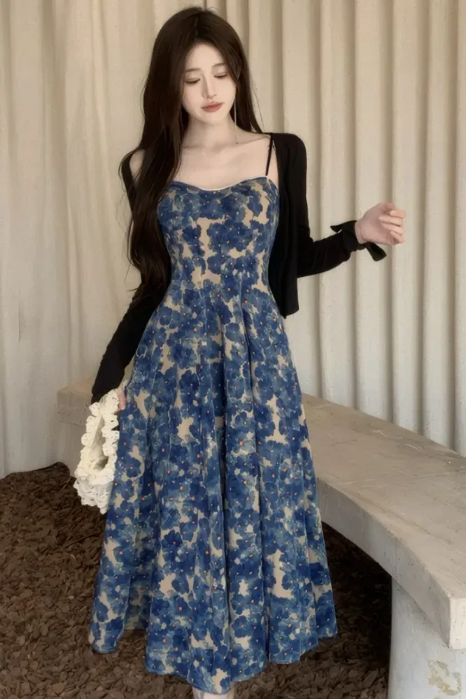 Floral Blue Sweetheart Maxi Dress - Image 1