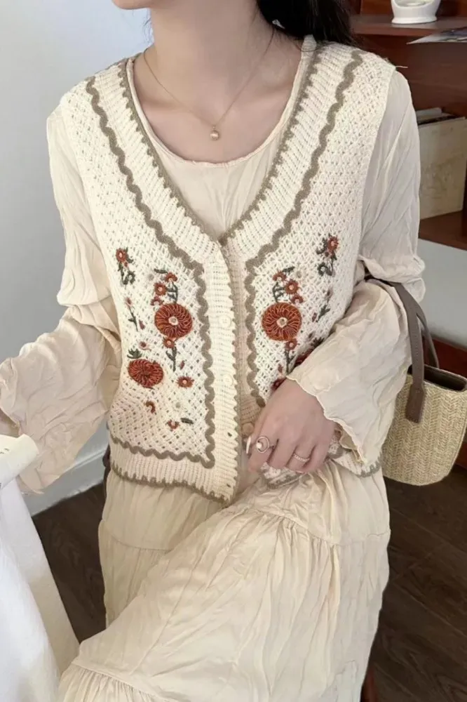 Embroidered Beige Crochet Vest Top - Image 1