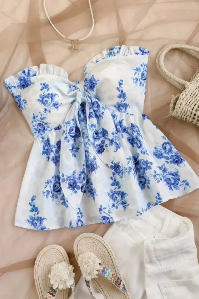 Blue Floral Sweetheart Tieup Top - Image 1