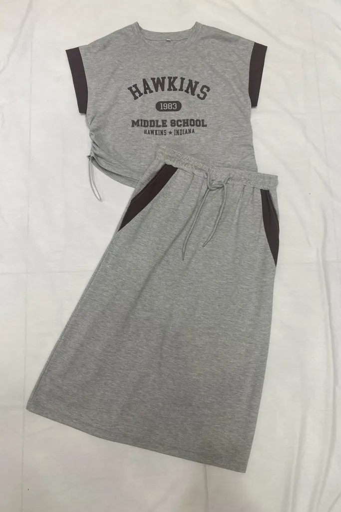 Grey Typography Tieup Skirt Coord Set - Image 1