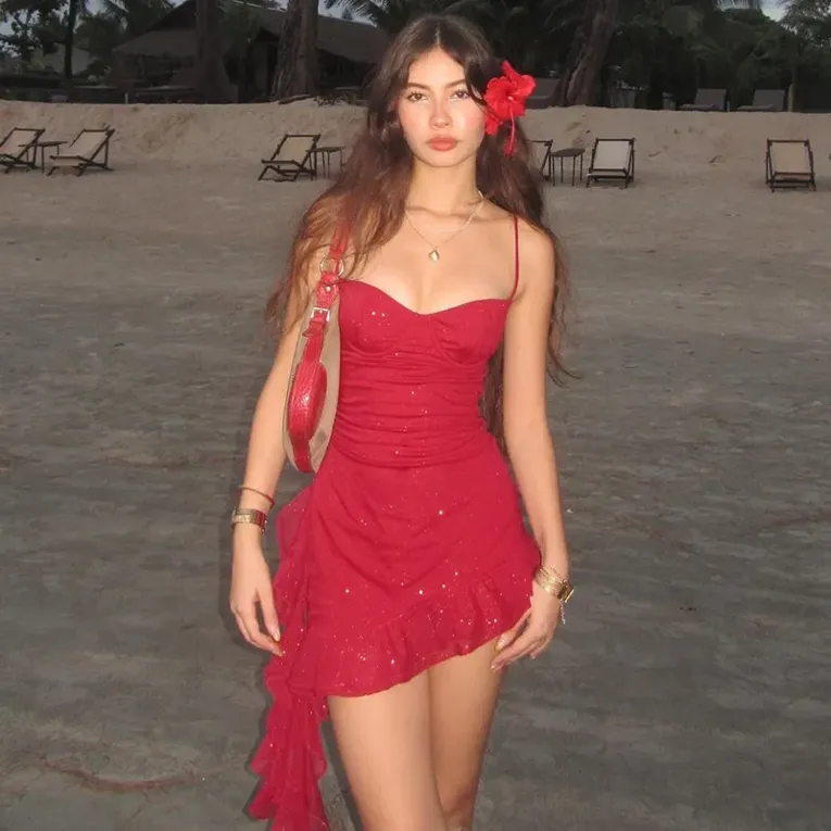 Red Glitter Ruffles Detail Slip Micro Mini Dress - Image 1