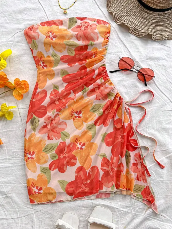 Orange Floral Tube Neck Mini Dress - Image 1