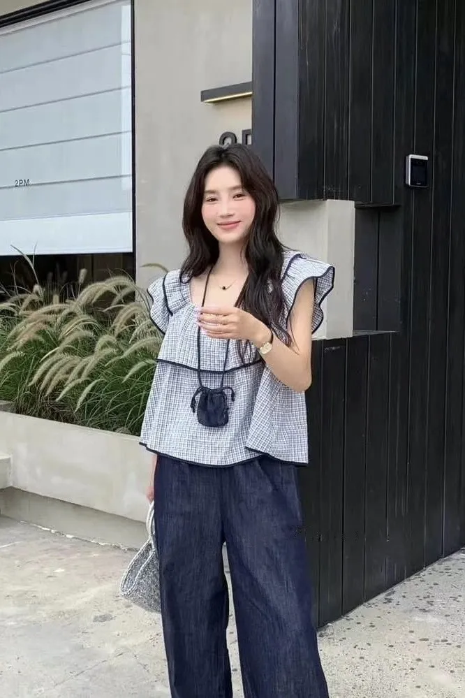 Light Blue Check Ruffled Top - Image 1
