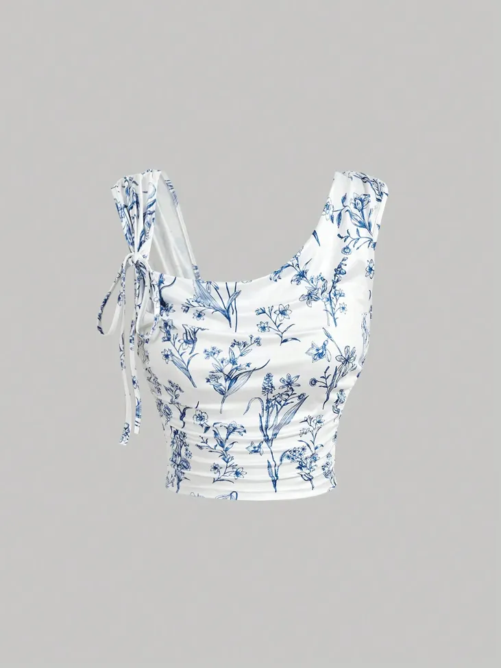 White Floral Asymmetric Neck Crop Top - Image 1