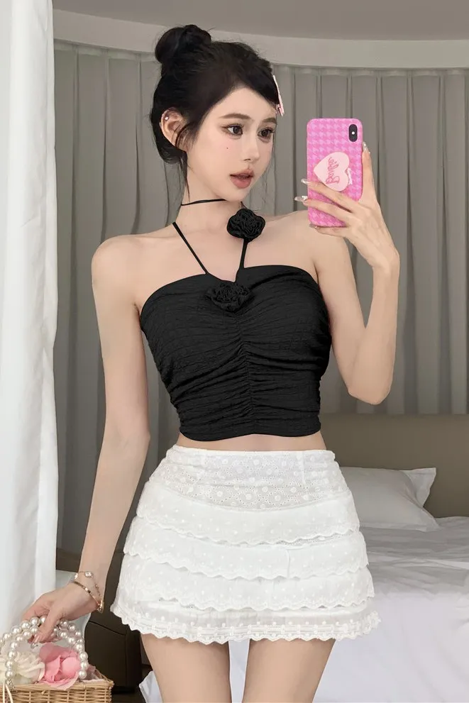 Black Solid Ruched Crop Top - Image 1