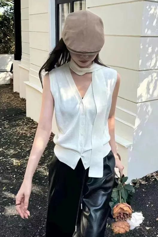 White Solid Vneck Buttoned Top - Image 1