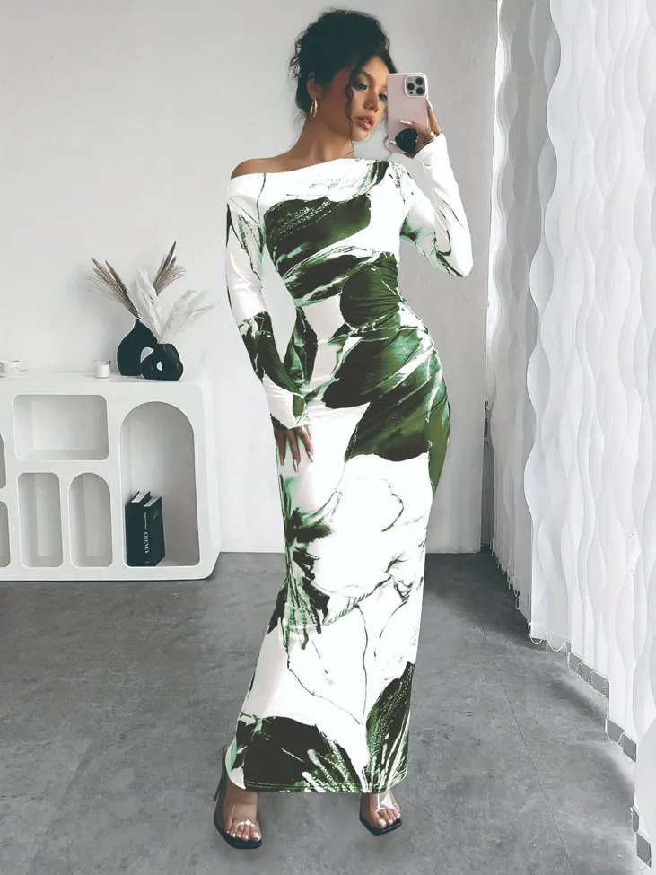 Green Ruched Abstract Maxi Dress - Image 1