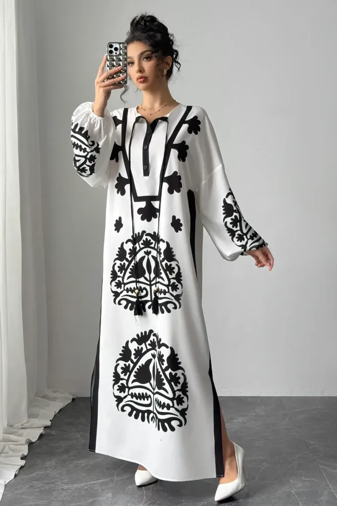 Black Ethnic Print Tieup Maxi Dress - Image 1