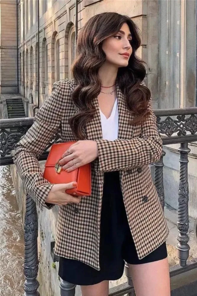 Brown Double Breasted Check Blazer - Image 1