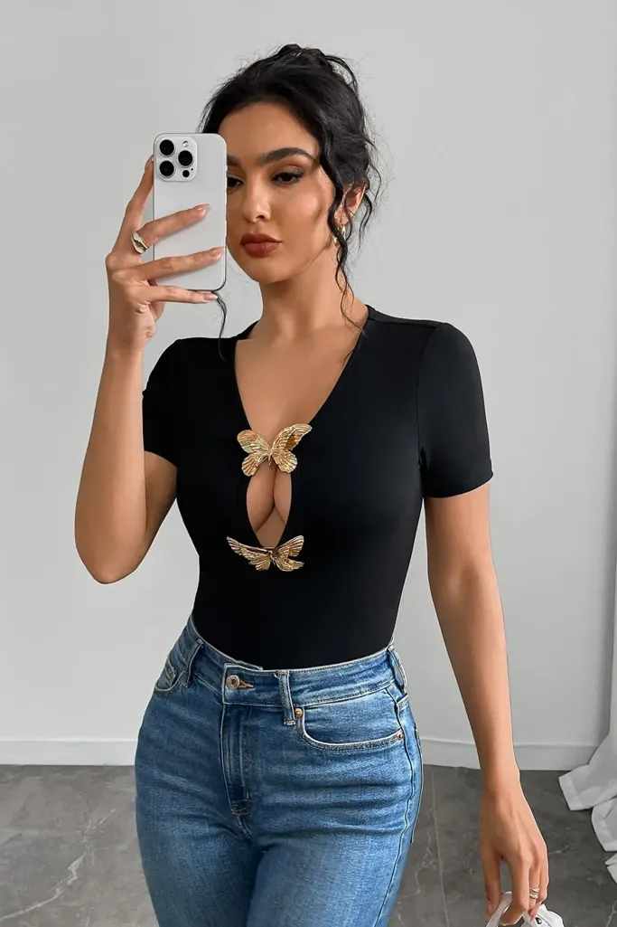 Black Embellished Plunge Neck Cut Out Top - Image 1