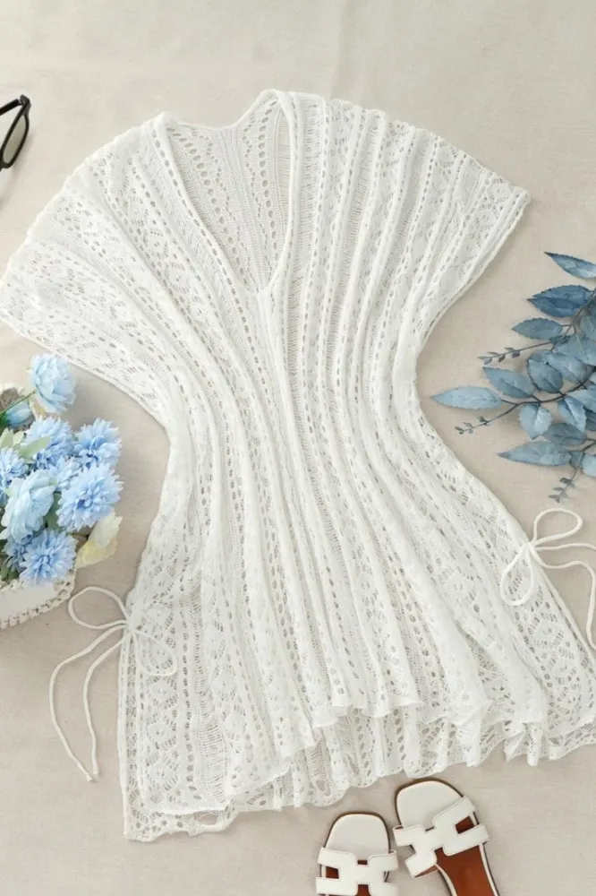 White Crochet Vneck Tieup Top - Image 1