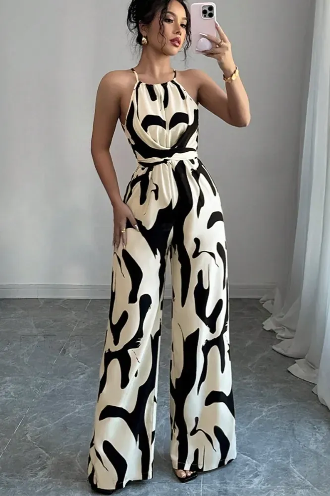 Black Abstract Halter Neck Jumpsuit