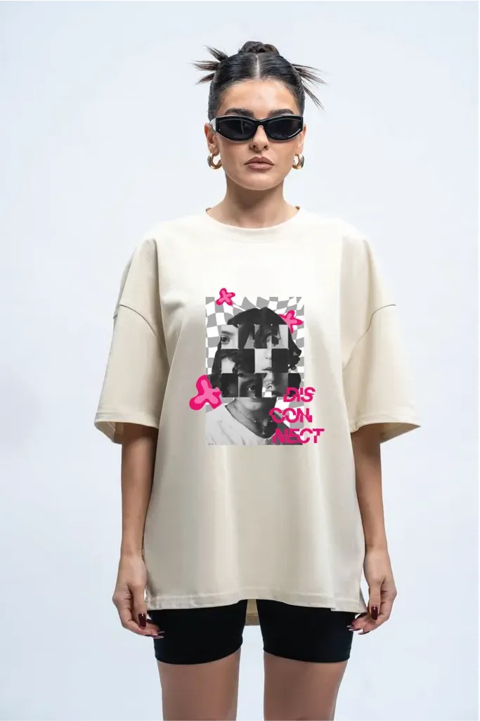 Cream Graphic Crew Neck Oversized Tshirt - Image 1