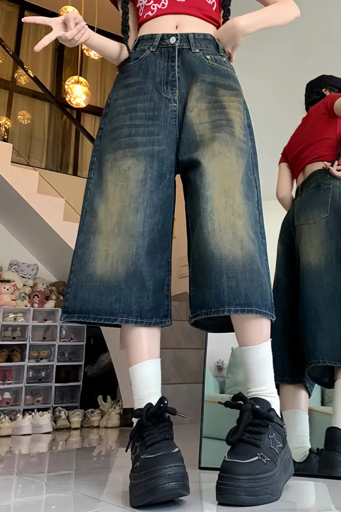 Blue Mid Rise Denim Bermuda Shorts - Image 1