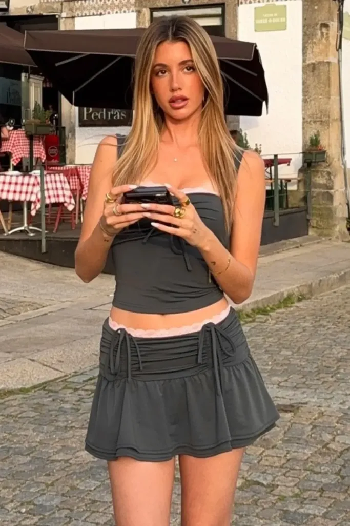 Grey Ruched Skater Skirt Coord Set - Image 1