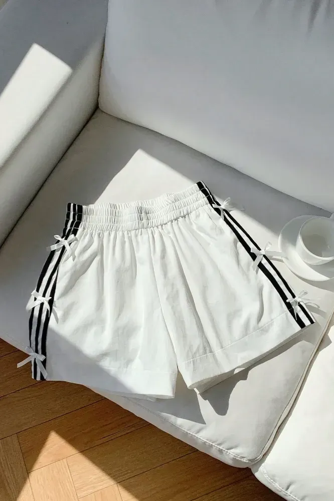 White Striped Bow Detail Shorts - Image 1