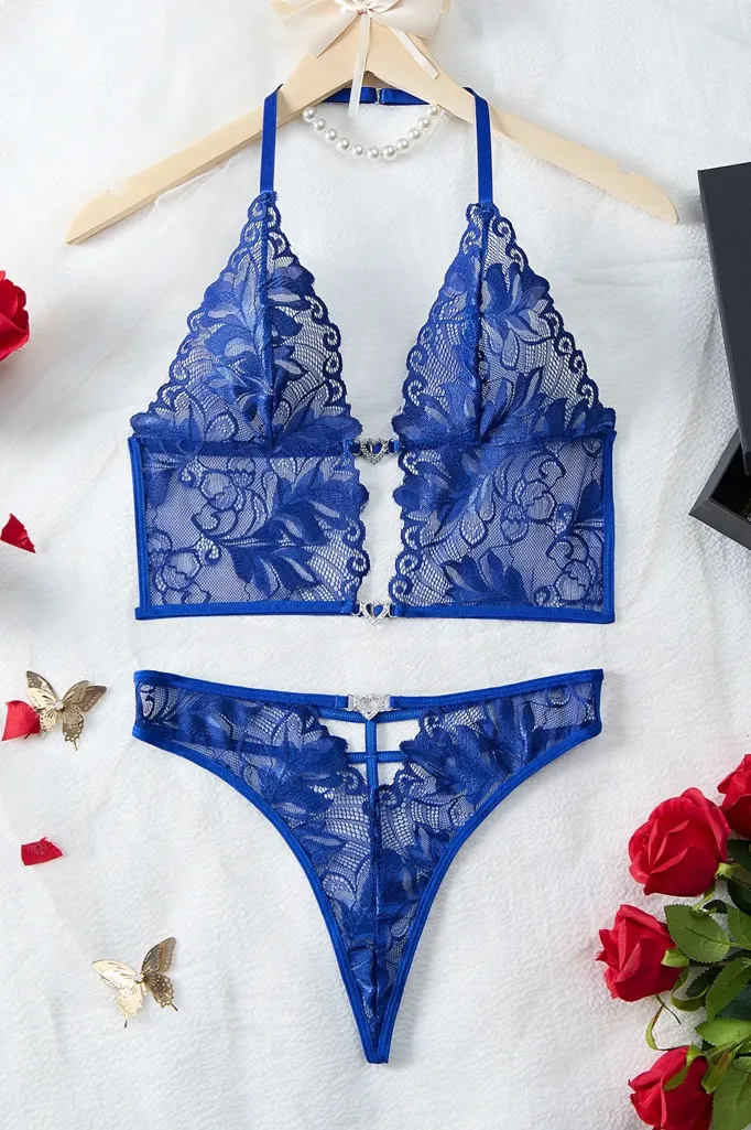Royal Blue Jewel Lace Lingerie Set - Image 1