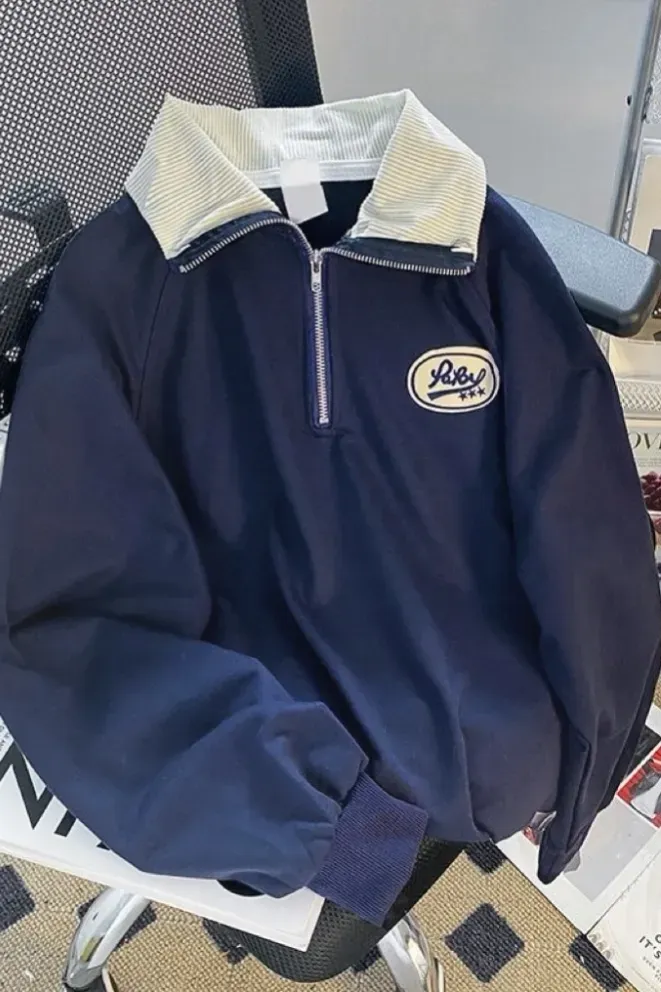 Navy Blue Zip Collar Sweatshirt - Image 1