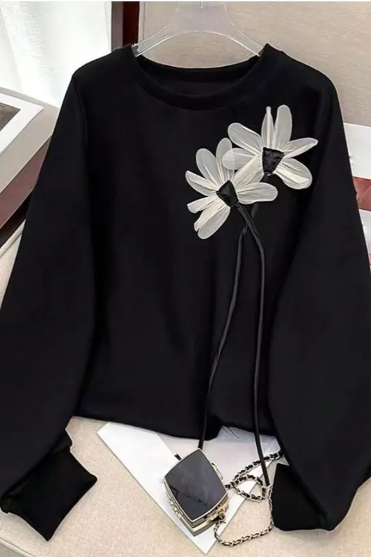 Black Oversized Floral Applique Sweatshirt