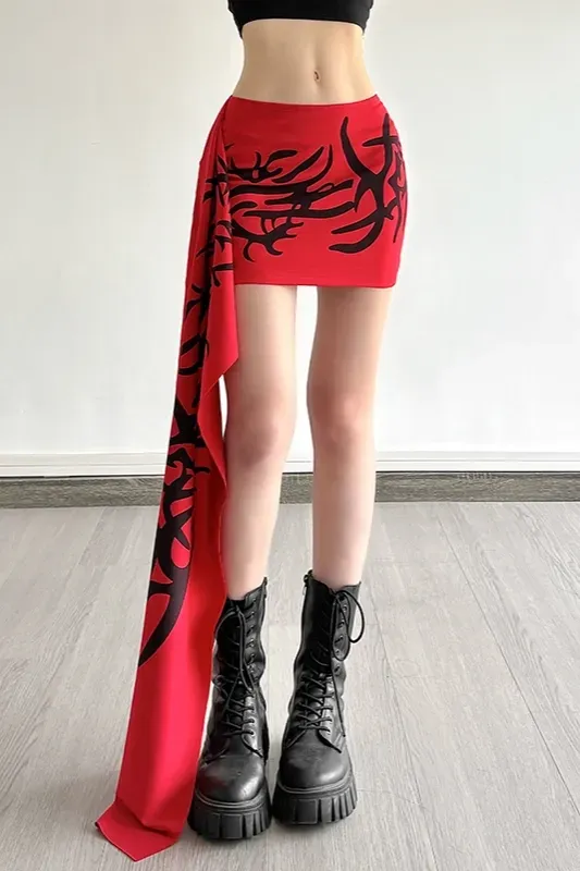 Red Draped Abstract Mini Skirt - NEWME