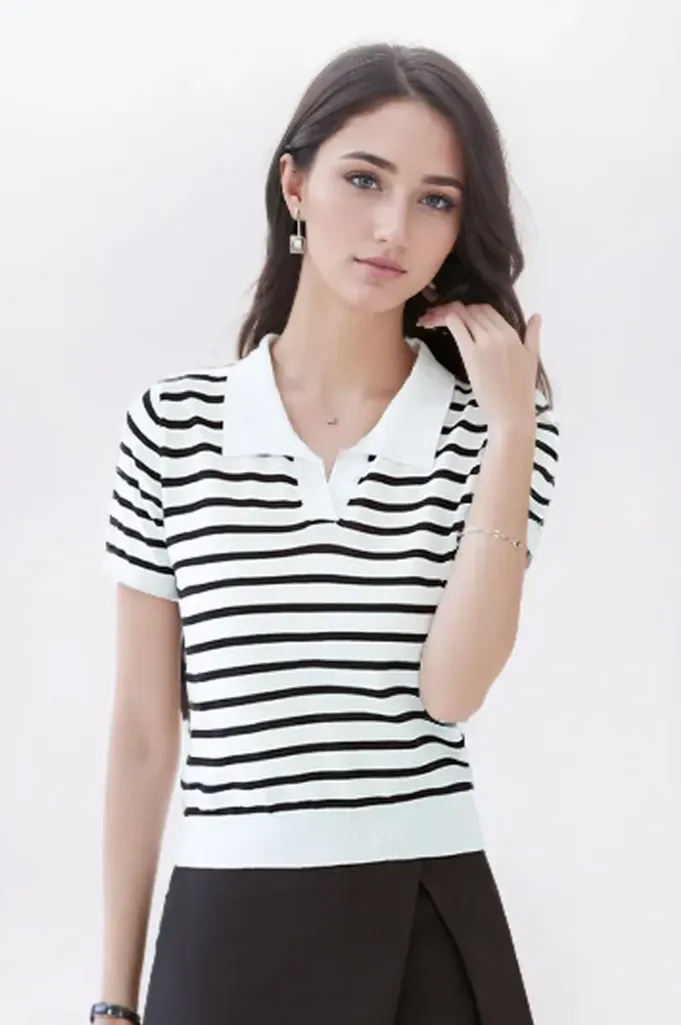 White Striped Polo Neck Sweater - Image 1