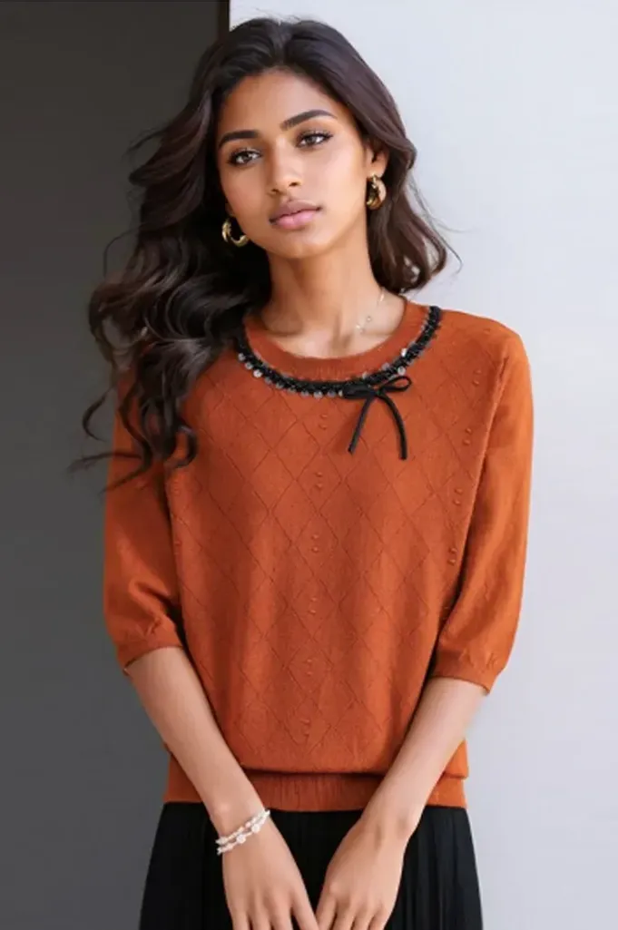 Rust Solid Round Neck Sweater - Image 1