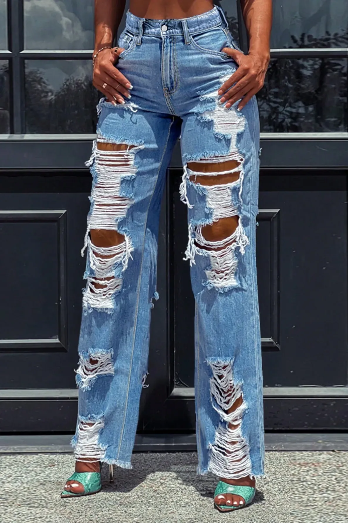 Blue High Rise Ripped Jeans
