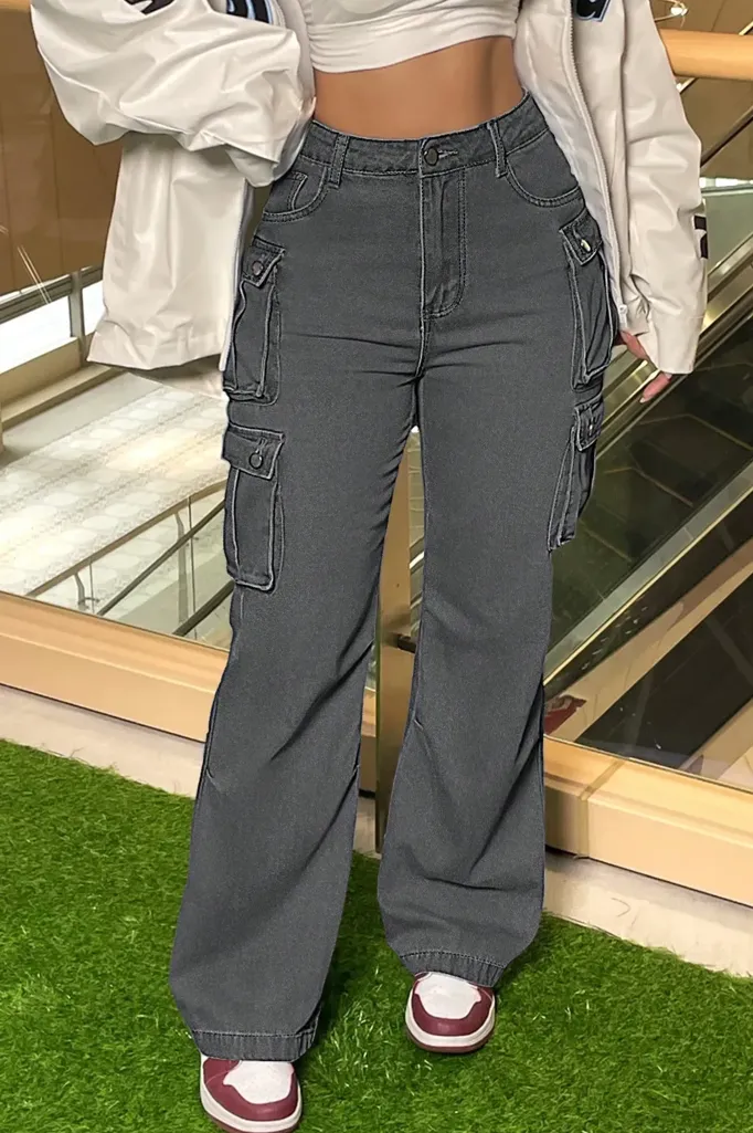 Dark Grey Mid Rise Cargo Jeans - Image 1