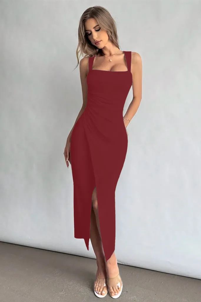 Maroon Solid Square Neck Midi Dress - Image 1