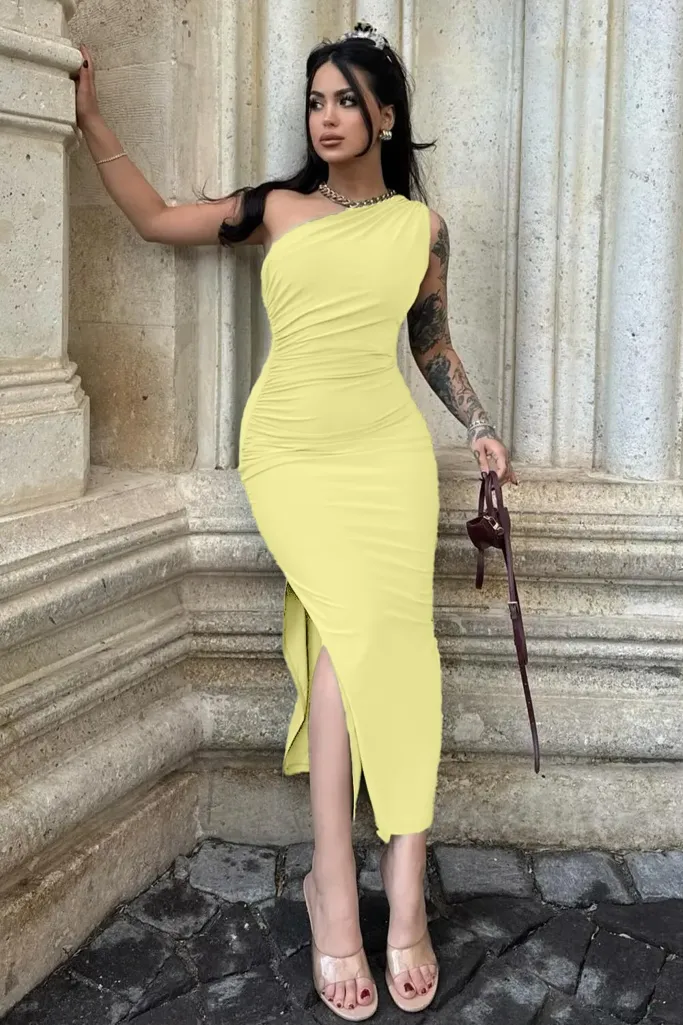 Yellow Ruched Offshoulder Midi Dress - Image 1