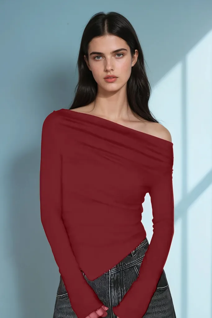 Maroon Solid Offshoulder Top - Image 1