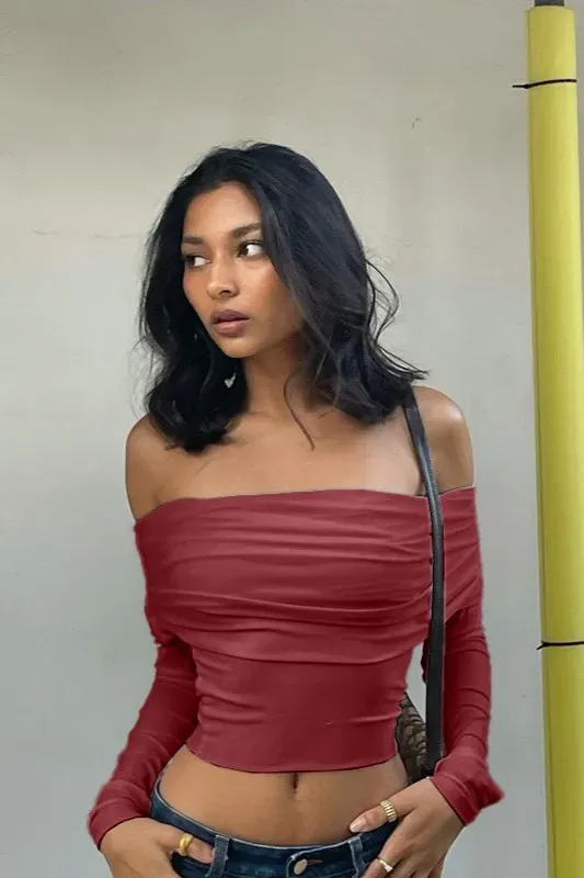 Maroon Offshoulder Crop Top - Image 1